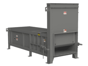 Gray industrial waste compactor machine.