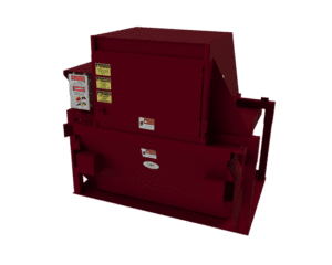 Red industrial waste compactor machine.