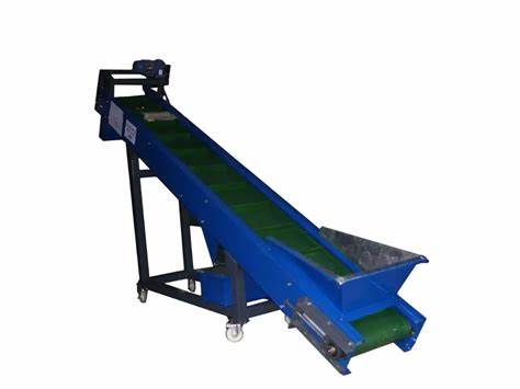 A blue conveyor belt with green wheels and a metal frame.